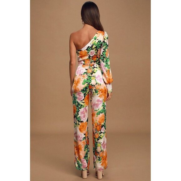 Lulu’s Lovin' It Orange Multi Floral Print Satin One-Shoulder Jumpsuit Size S - Picture 4 of 16
